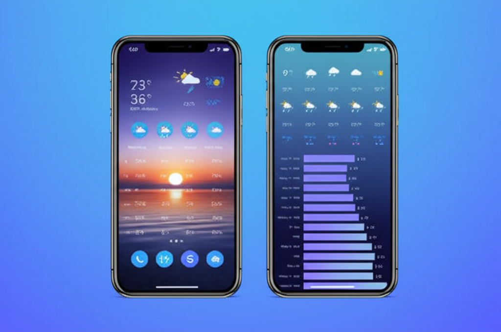 날씨 예보 앱 - 모바일 카테고리의 프로젝트로 정확한 예보, 인터랙티브 지도 및 위치 기반 알림을 제공하는 아름다운 날씨 애플리케이션으로 기상 상태를 파악할 수 있습니다.을(를) 보여주는 스크린샷